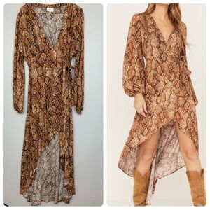 Shyanne Sz Medium Brown Snake Print Ruffle Hi-Low Wrap Dress Balloon Sleeves